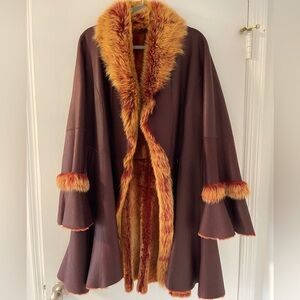 Luxurious Brown Cape with Orange Faux Fur Trim